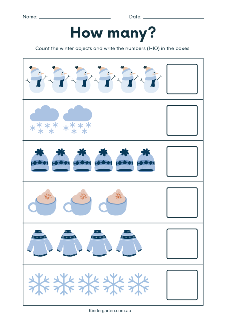 Count the winter objects and write the numbers (1-10) in the boxes