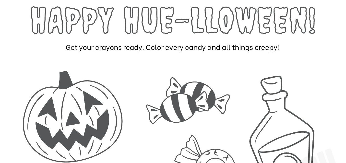 black and white printable illustrated halloween coloring sheet